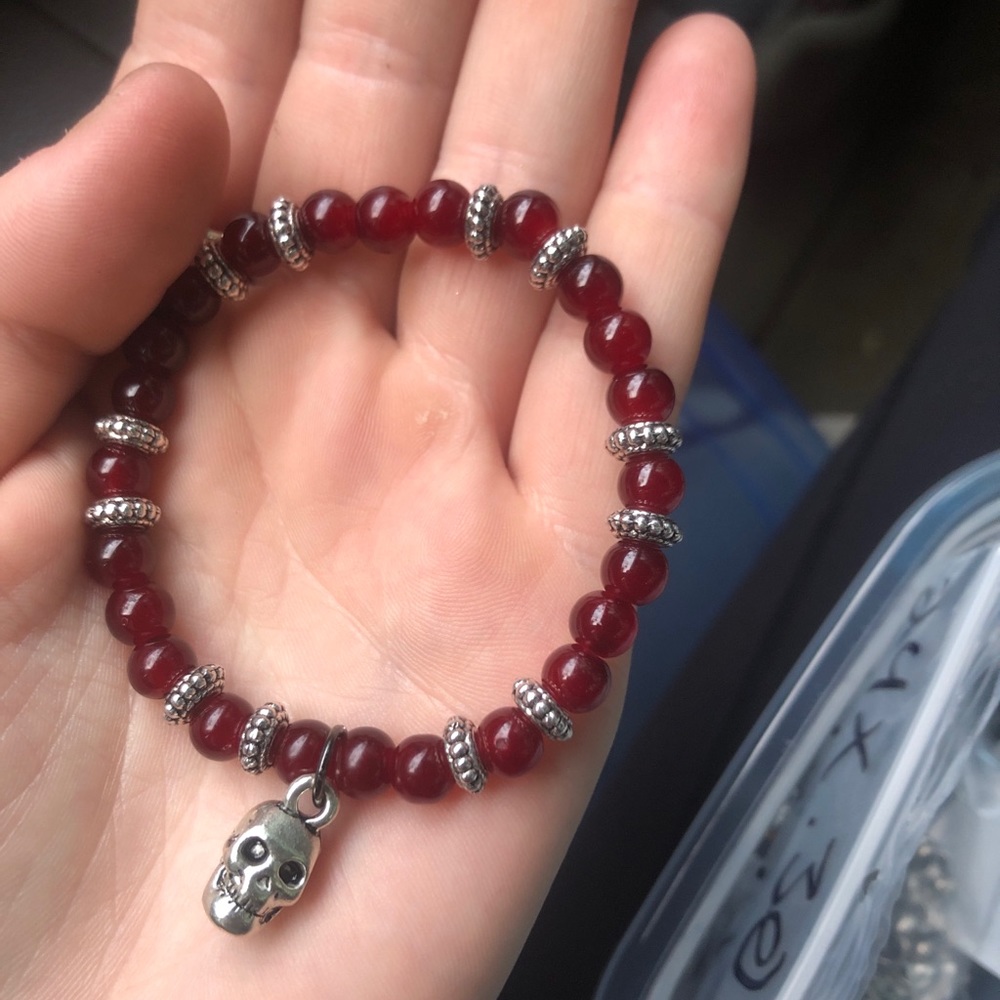 Red Glass Bead Stretchy Bracelet with Skull Charm